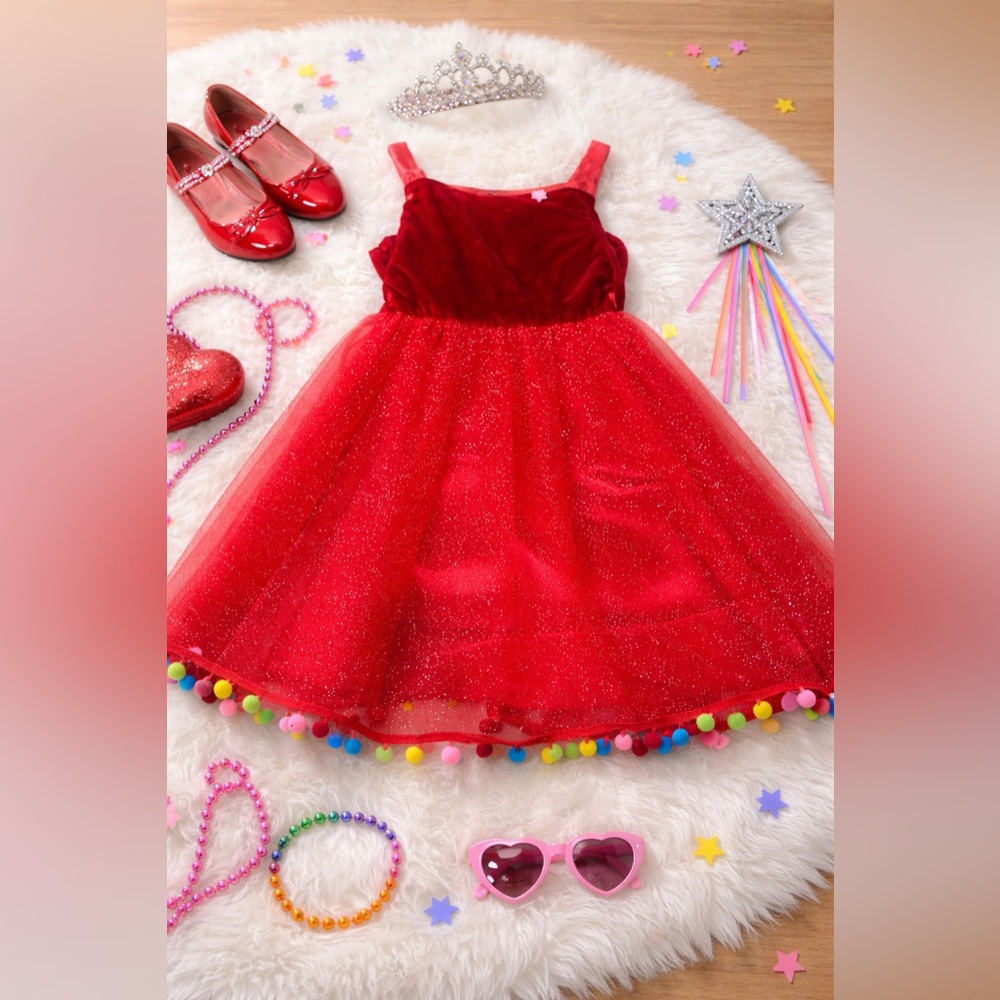 Red Sparkle Kids Dress with Pom-Pom Trim C31